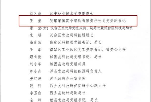 贊！王奎獲漢中市科技創新工作先進個人榮譽稱號
