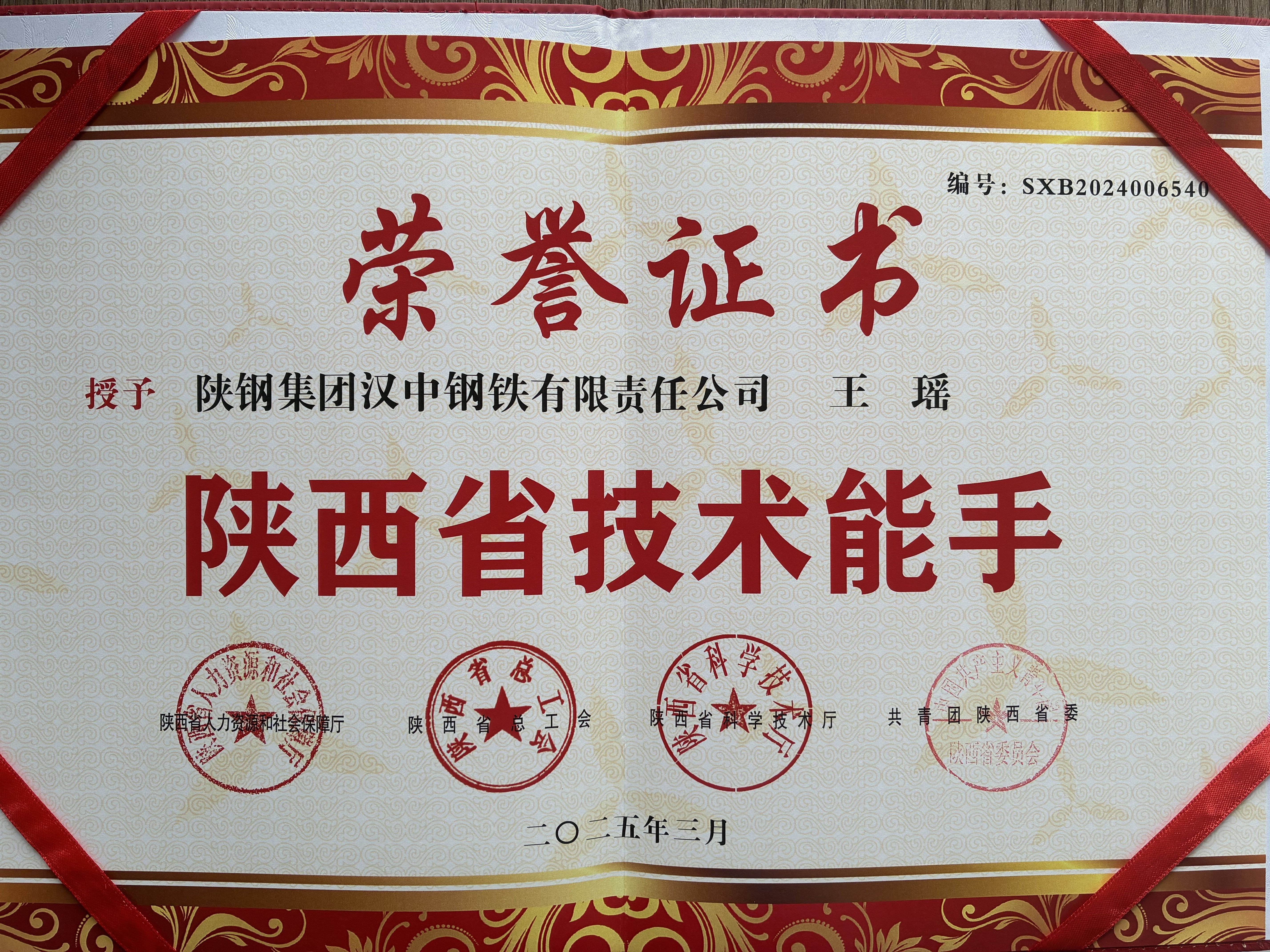 匠心鑄尖兵，培育夯實根基--漢鋼公司王瑤同志榮獲“陜西省技術能手”稱號